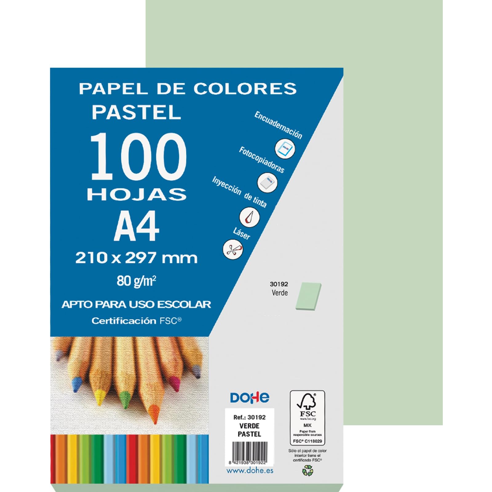 dohe 30192 – Pack of 100 Paper 80 g A4, Pastel Green, FSC Mix AEN-COC-000243