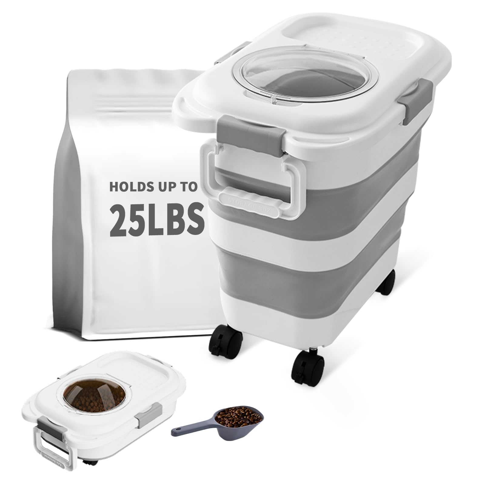 Photo 1 of nxizoli 25 Lbs Dog Food Storage Container, Collapsible Dog Food Container with Scoop for Pet/Dog/Cat/Bird Food,Keep Dry Food Fresh,Easy to Move (White)