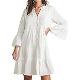 R.Vivimos Cotton Dresses for Women Summer V Neck 3/4 Flare Sleeve Button Front Casual Loose Tiered Mini Dress