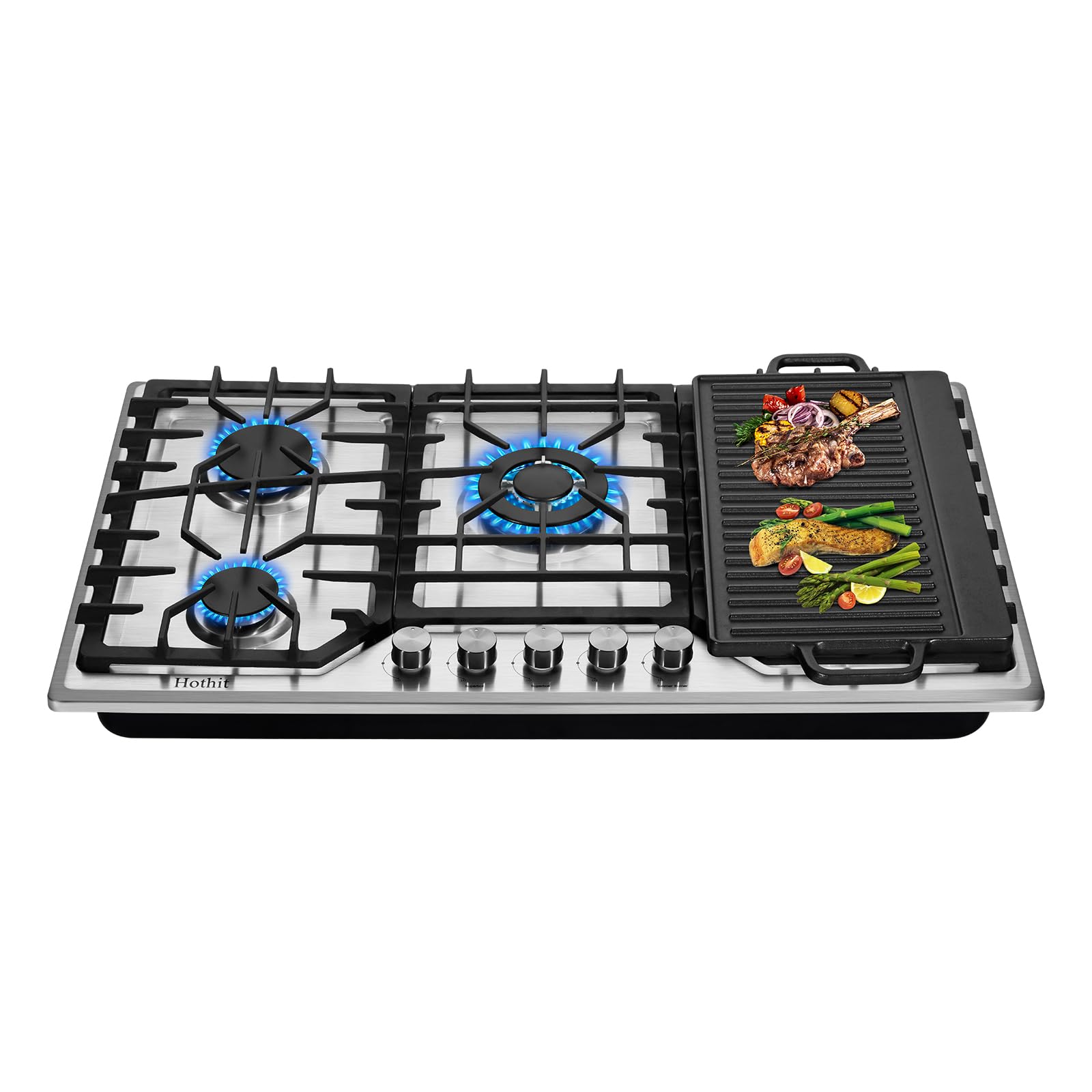 Hothit 5 Burners 36 inch Gas Cooktop, Stainless Steel Gas Range Top, Gas Cooker Stove Propane Gas/Natural Gas Convertible AHT36IN10S-SDKP