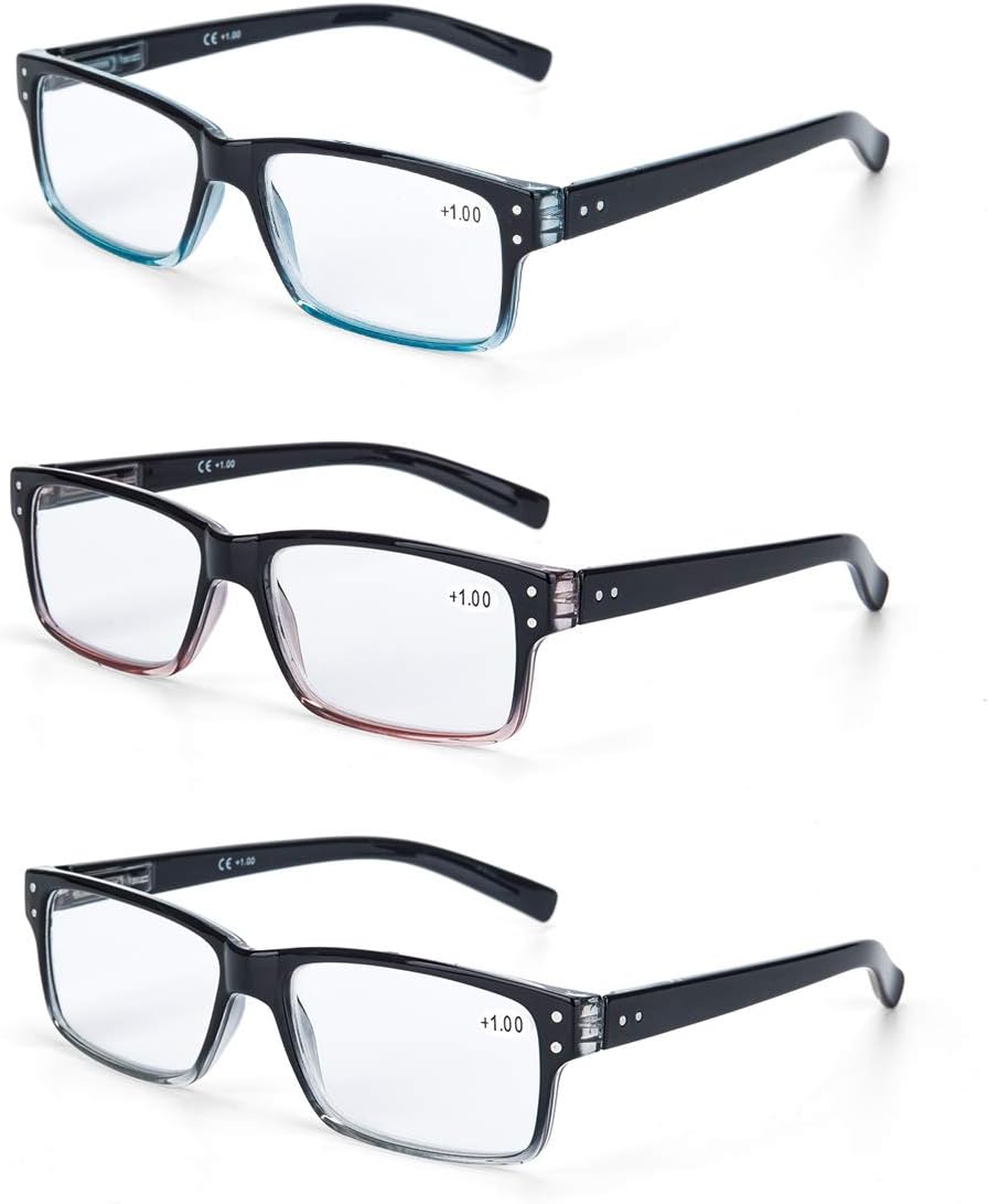 LANLANG 3-Pack Reading Glasses 1.0 for Men Spring Hinge 3 Colors Clear Lens, +1.5 diopters L-L007