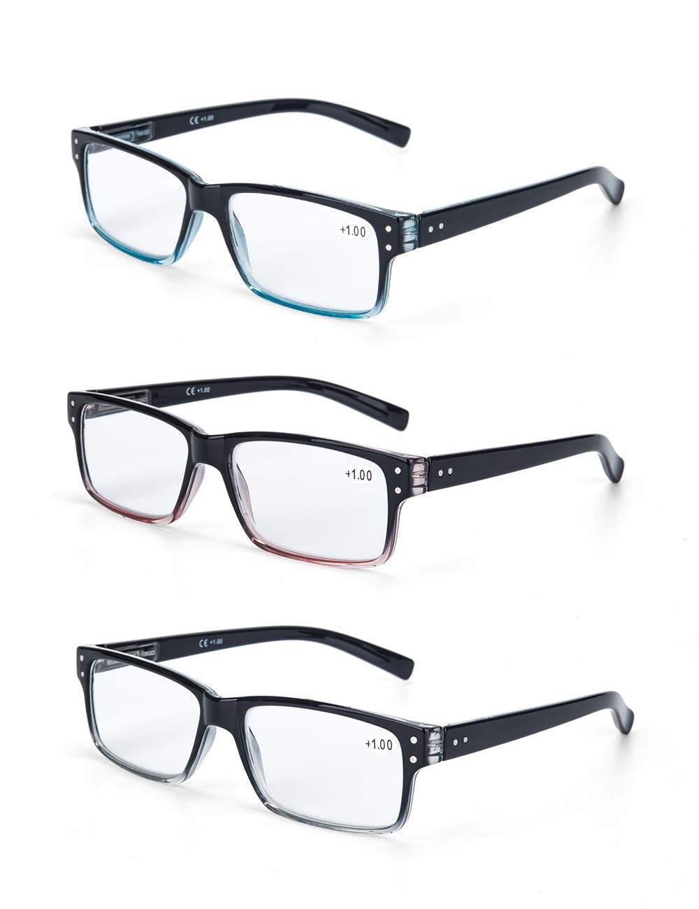 LANLANG 3-Pack Reading Glasses 1.0 for Men Spring Hinge 3 Colors Clear Lens, +2.0 diopters L-L007