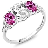 Gem Stone King 10K White Gold 3-Stone Diamond Engagement Ring 2.02 Ct Oval White Created Sapphire Pink Created Sapphire