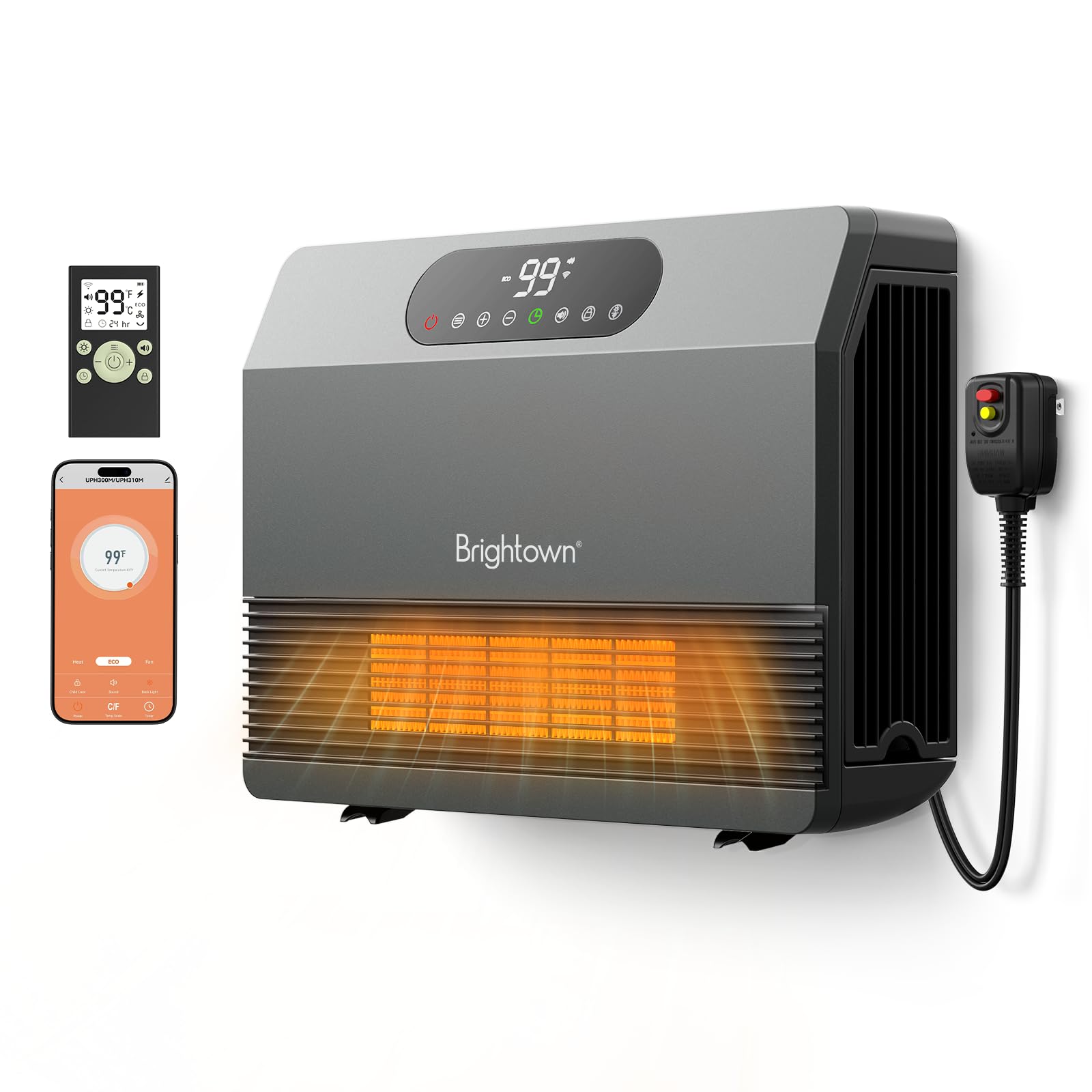 Photo 1 of Brightown Wall Heater for Indoor Use, Space Heater with ALCI Plug 1500W, 5 Modes, Adjustable Thermostat, Easy Install Heater for Bedroom Bathroom with Remote Control, 12H Timer, Work with Alexa, Grey