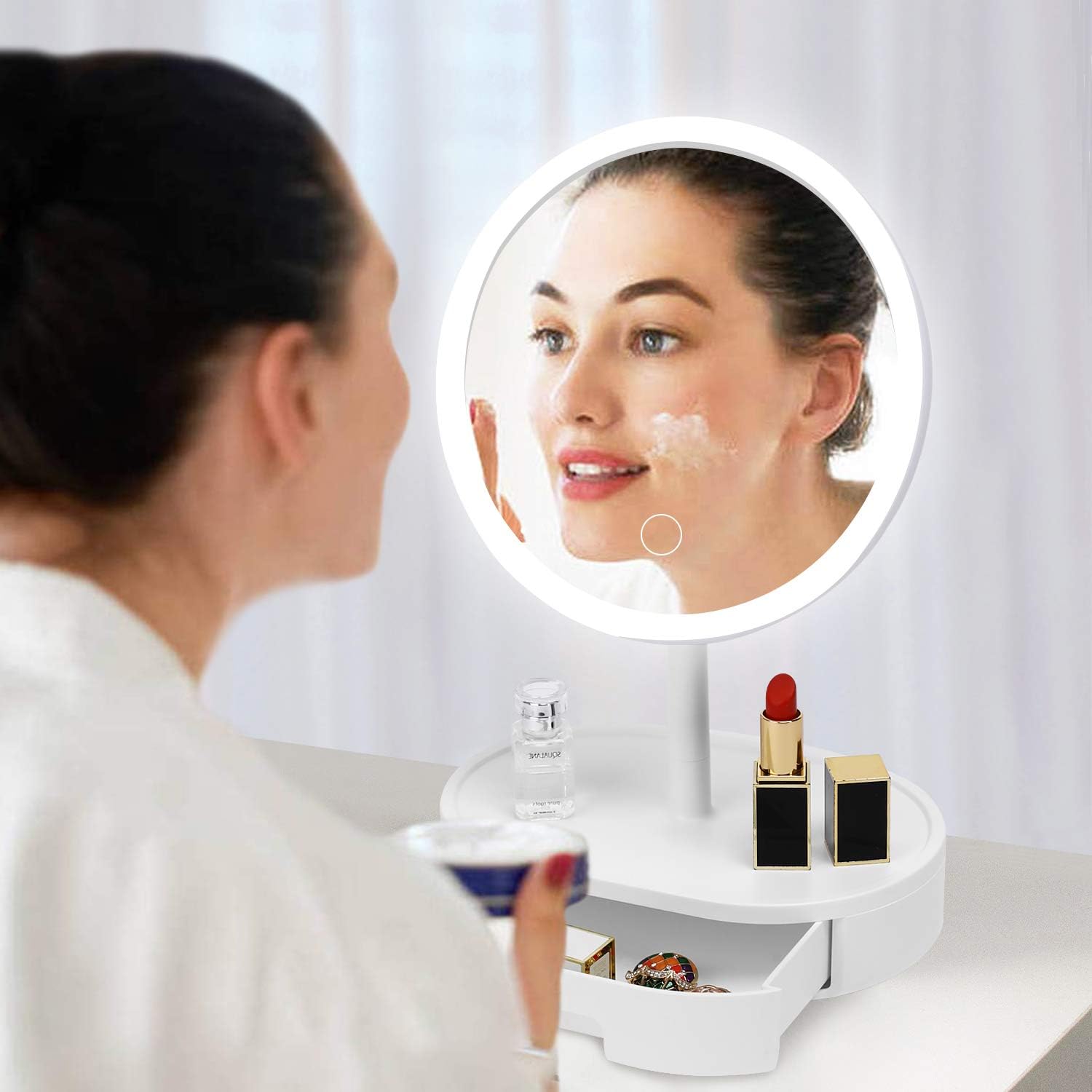 Personal Lighted Makeup Mirror with Lights - Fabuday Rechargeable Led Round Mirror with 3 Color Lighting Modes, Light Up Mirror with 10X Magnification, Lighting Adjustable Desk Mirror with Storage -