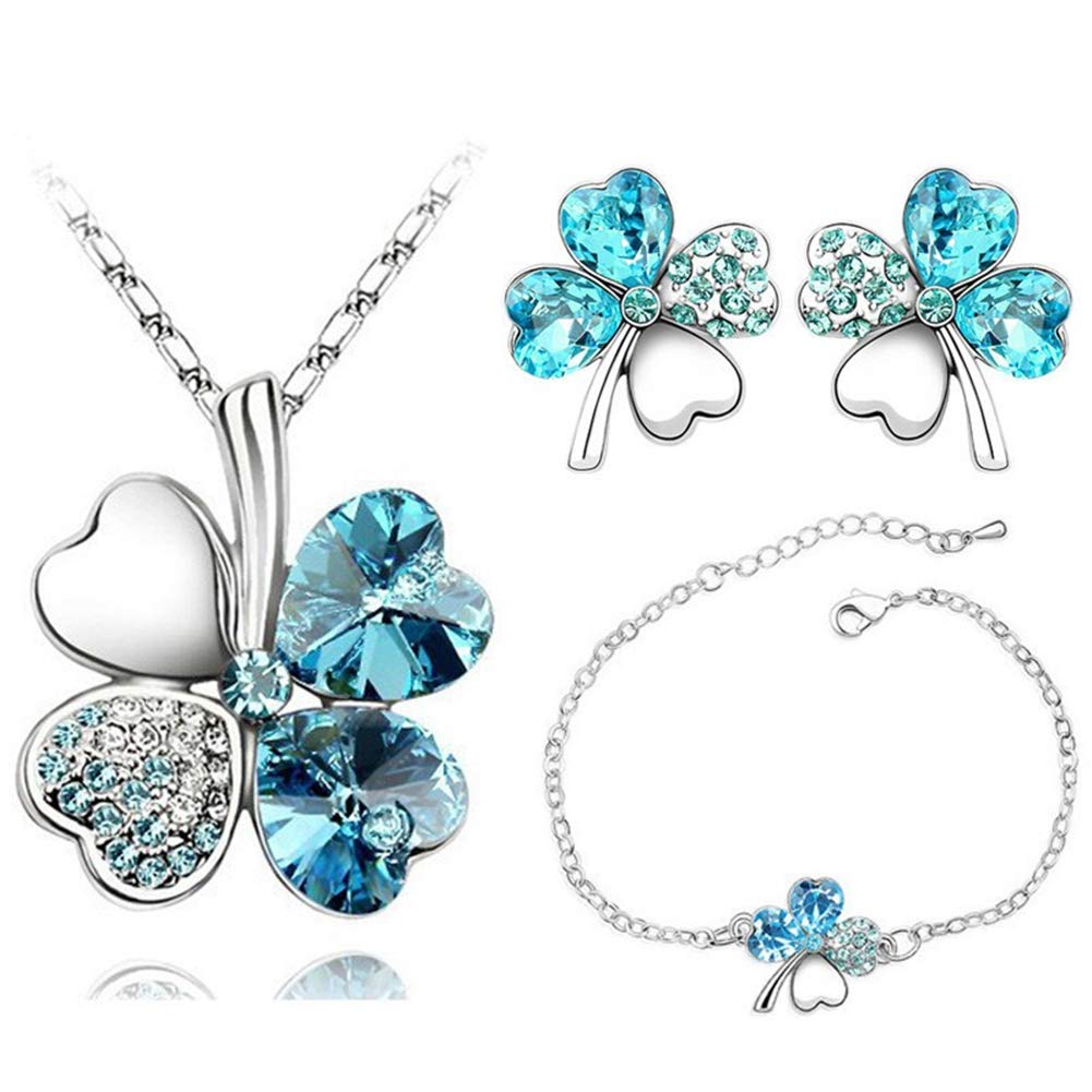 AILUOR Four Leaf Clovers Jewelry Set, Fashion Austrian Crystal Lucky Four Leaf Clover Pendant Necklace Bracelet Stud Earrings Set for Women Girl Bridal Wedding Jewelry (Blue)