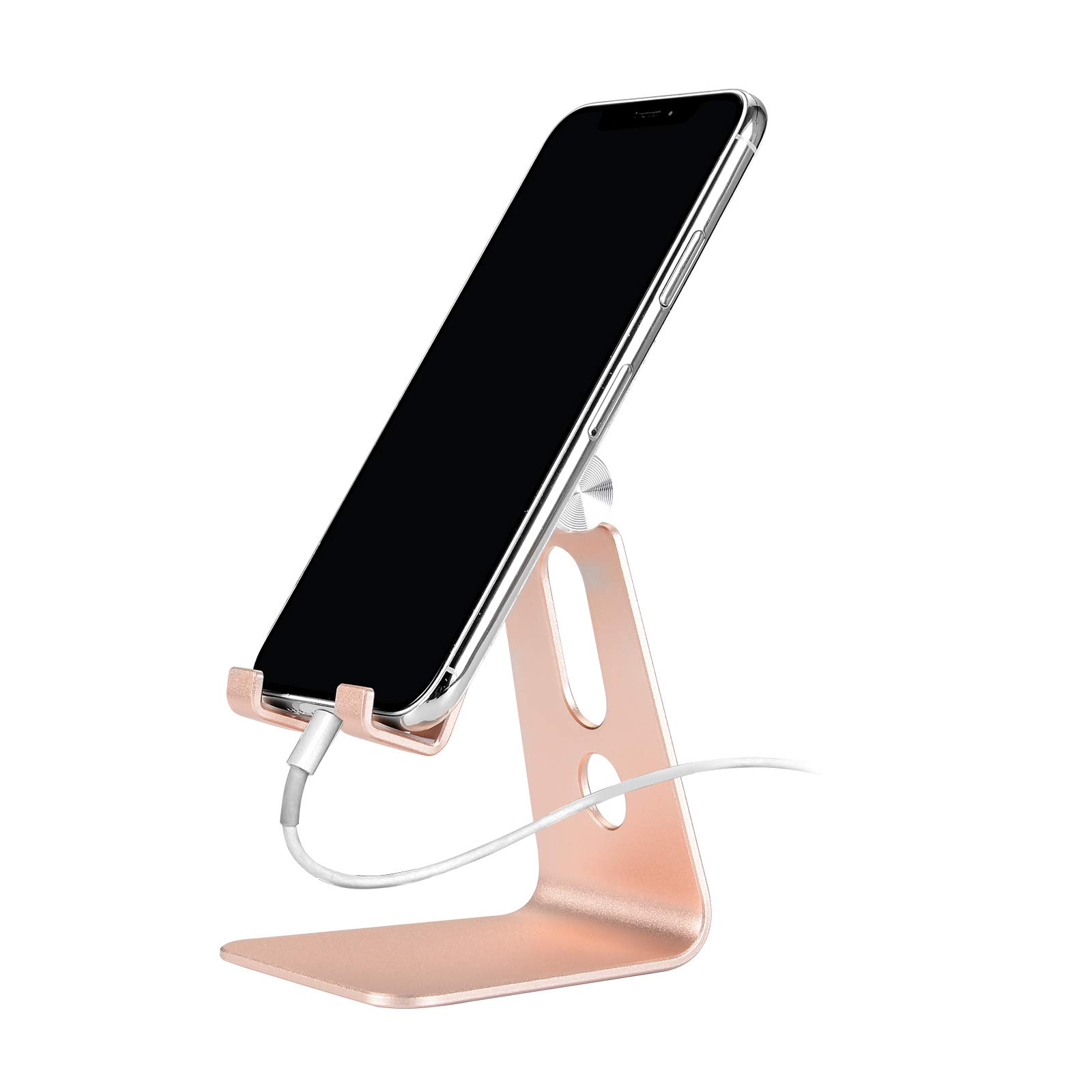 Emoly Adjustable Cell Phone Stand, 2019 Aluminum Desktop Cellphone Stand with Anti-Slip Base and Convenient Charging Port, Fits All Smart Phones (Pink)