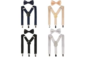 kilofly 4 Sets Boys Pre-tied Adjustable Neck Bow Ties + Elastic Suspenders Pack
