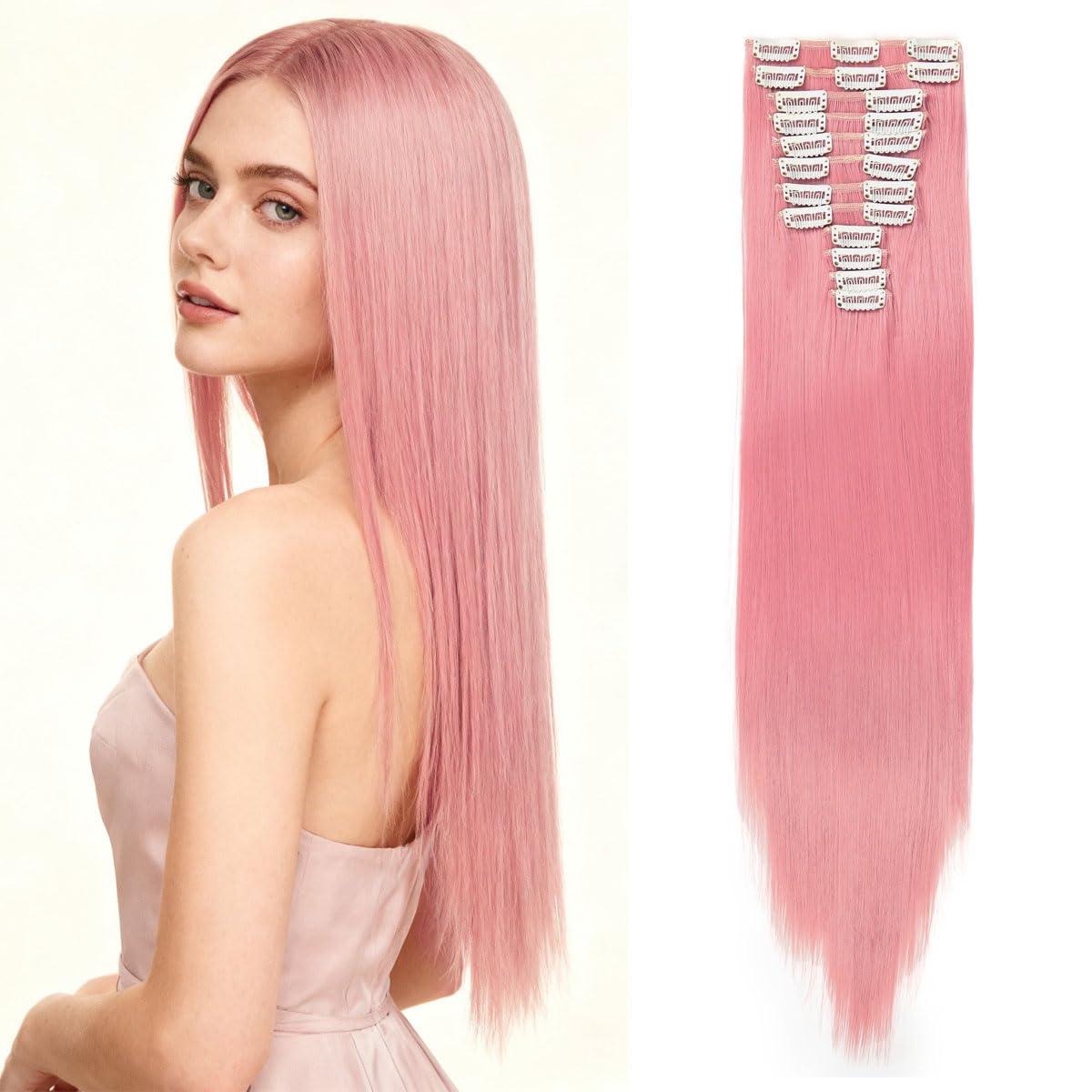 JIAMEISI Clip in Hair Extensions 12PCS 22 Inch Long Straight 180g Pink Hair Extensions Clip in Synthetic Fiber Full Head Pink Hair Piece for Women — image 1