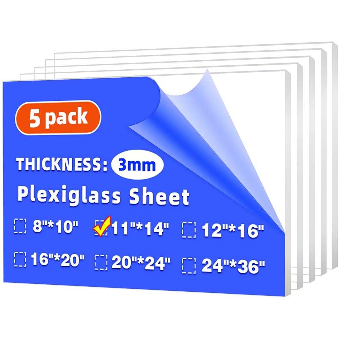 View 1 of (5 Pack) 11" x 14" Plexiglass Sheets 1/8 inch Thick (3mm), Clear Acrylic Sheets Panel Cut to Size Plexiglass Acrylic Board, Cut with Engraver, Power Saw or Hand Tools, No Laser Cut.