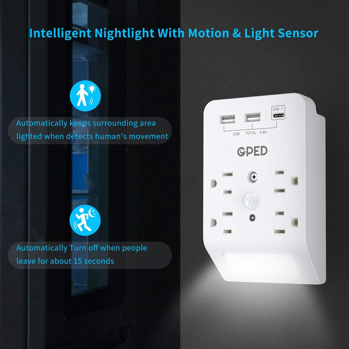 USB Wall Outlet, Surge Protector, Plug-in Night Light with 2 USB & 1 Type-C 4.8A Ports 4 Outlet, Intelligent Nightlight with Motion & Light Sensor, ETL Listed, Suitable for Living Room,Kitchen: Home Audio & Theater