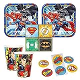 DC Comics Justice League party supplies for 16 guests, cake plates, napkins, cups plus bonus stickers