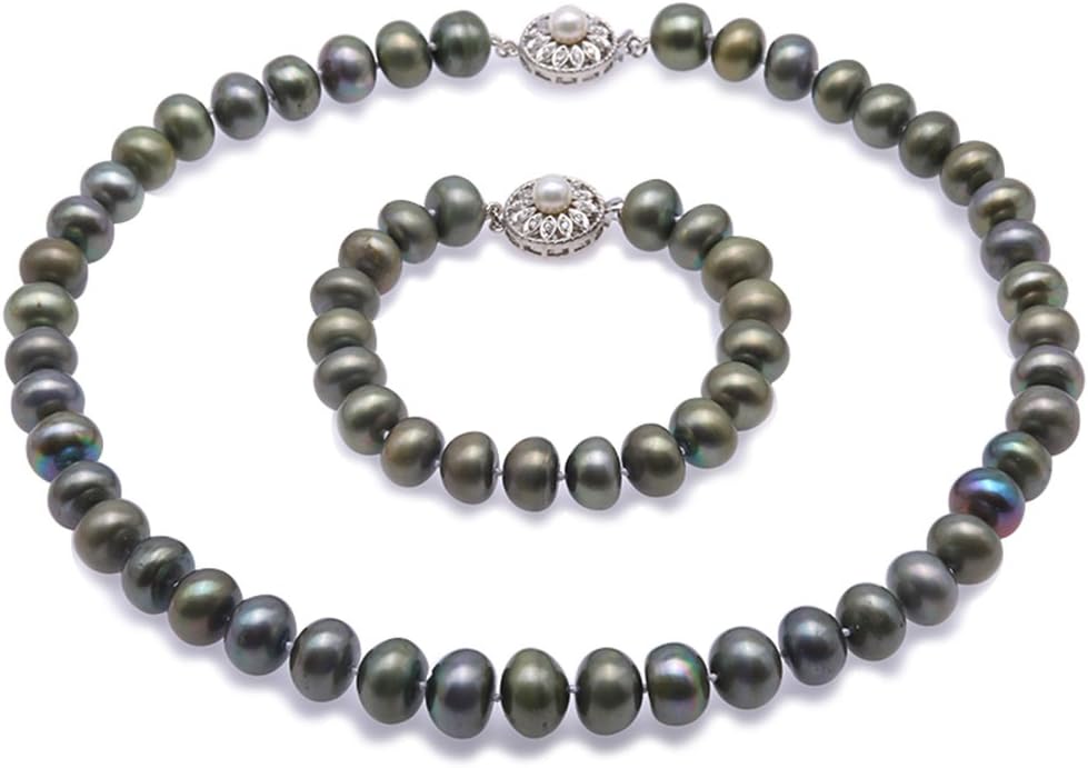 JYX PearlNecklace Set 11-13 mm Green Freshwater Cultured Pearl Necklace Bracelet Jewelry Set
