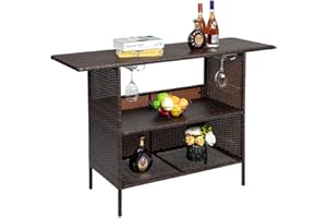 HomVent Outdoor Patio Rattan Wicker Bar Counter Table with 2 Storage Shelves and 2 Sets of Rails, Rattan Bar Counter Table Garden Patio Furniture for Backyard, Poolside