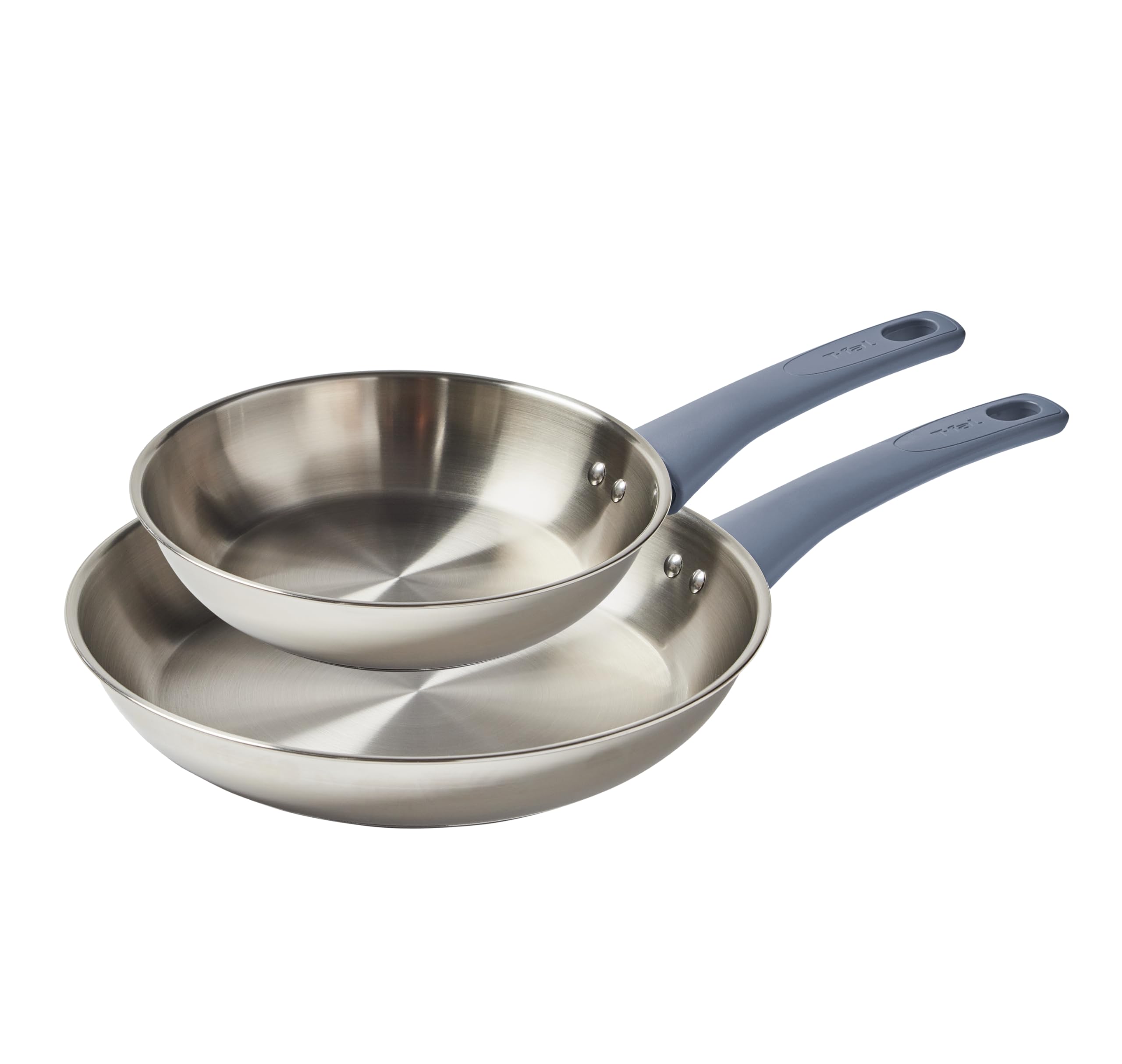 T-fal Essentials Stainless Steel Cookware Set, 2-Piece 8″ and 10.5″, Induction Compatible, Oven Safe 350F, Pots and Pans Set, Cooking Skillets, Cookware, Kitchen Frying Pans, Silver/Blue