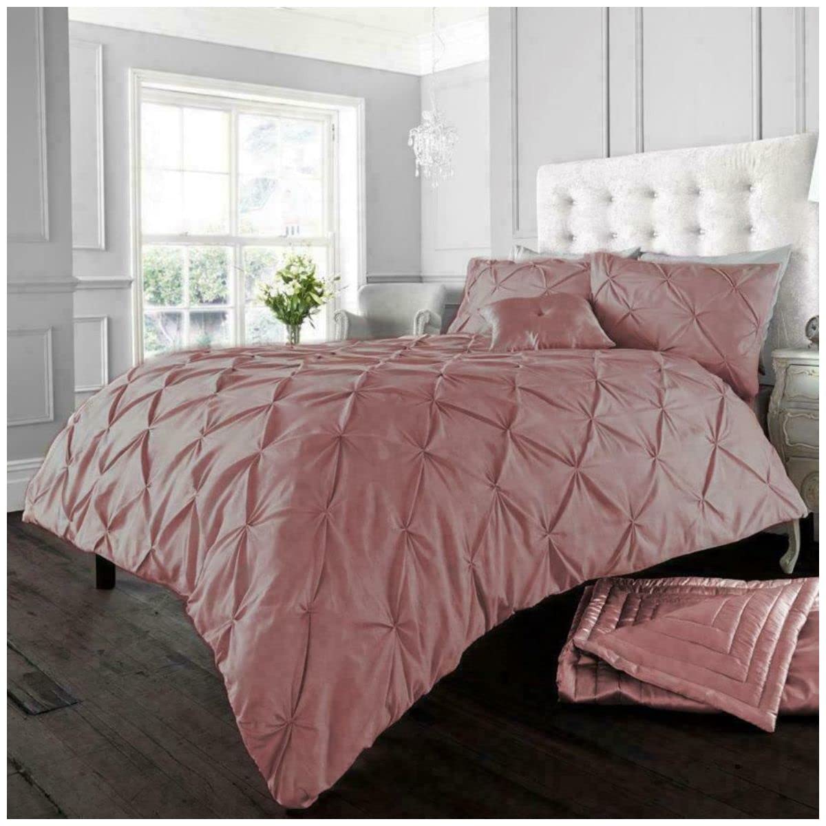 GC GAVENO CAVAILIA Pintuck Duvet Cover Sets, Pinch Pleat Bedding Quilt Covers, Polycotton Bed Covers Breathable Double Bed Set With Pillowcases Soft Pink