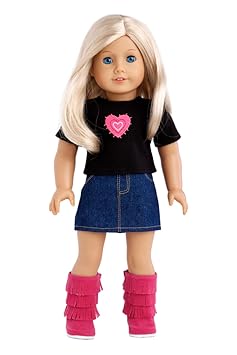 Rock Star - 3 piece outfit includes t-shirt, denim skirt and hot pink boots - American Girl Doll Clo