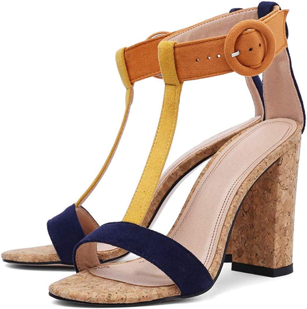 Women's Summer T-Shaped Wood-Tone Buckle Block Suede Open Toe Heel Pump Sandals Yellow Sise US 9