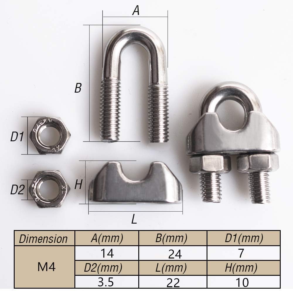 Fasteners For Rope 10 Pcs 4mm Wire Rope Clips Clamp, Wire Rope Grips Bolts 304 Stainless ...