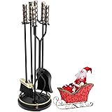 Amagabeli 30in Fireplace Tools Set Brass Handle 5Pieces Wrought Iron Indoor Fireset Stand Wood Log Holder Outdoor Fire Pit He