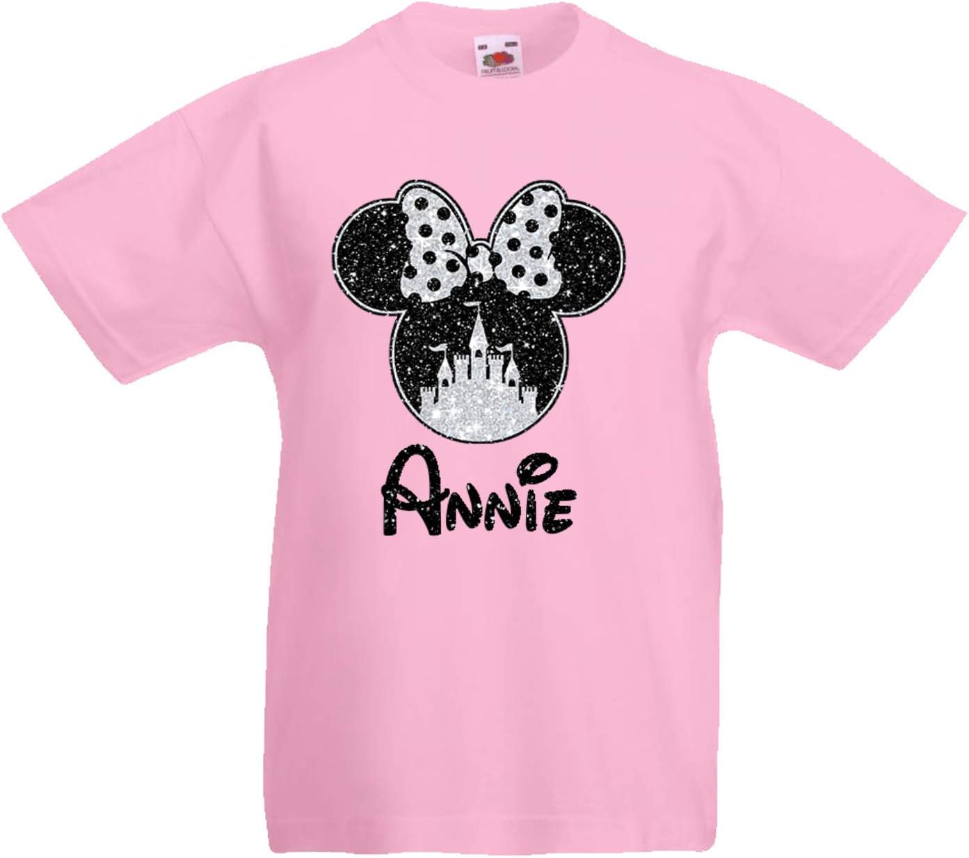 Girls Personalised Glitter Minnie T-Shirt, Beautiful Glittery Print Kids and Adults