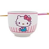 Silver Buffalo Sanrio Hello Kitty Tokyo Pink Stripes Ceramic Ramen Dinnerware Set | Includes 20-Ounce Noodle Bowl, Wooden Chopsticks