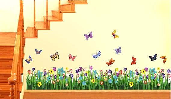Decals Design StickersKart Wall Stickers Walking in the Garden Flower Border Design (Multicolor)