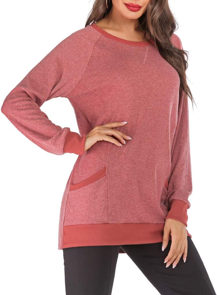 Fshinging Women Autumn Blouse Long Sleeve Round-Neck Pullover Tops Casual T-Shirt with Pocket