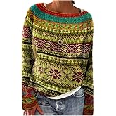 Women's Knitted Fair Isle Print Retro Sweater Casual Loose Crewneck Long Sleeve Lightweight Cropped Pullover Tops 2025