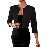 SOLY HUX Women's Blazer Jacket Open Front 3/4 Sleeve Pleated Work Office Cropped Jacket