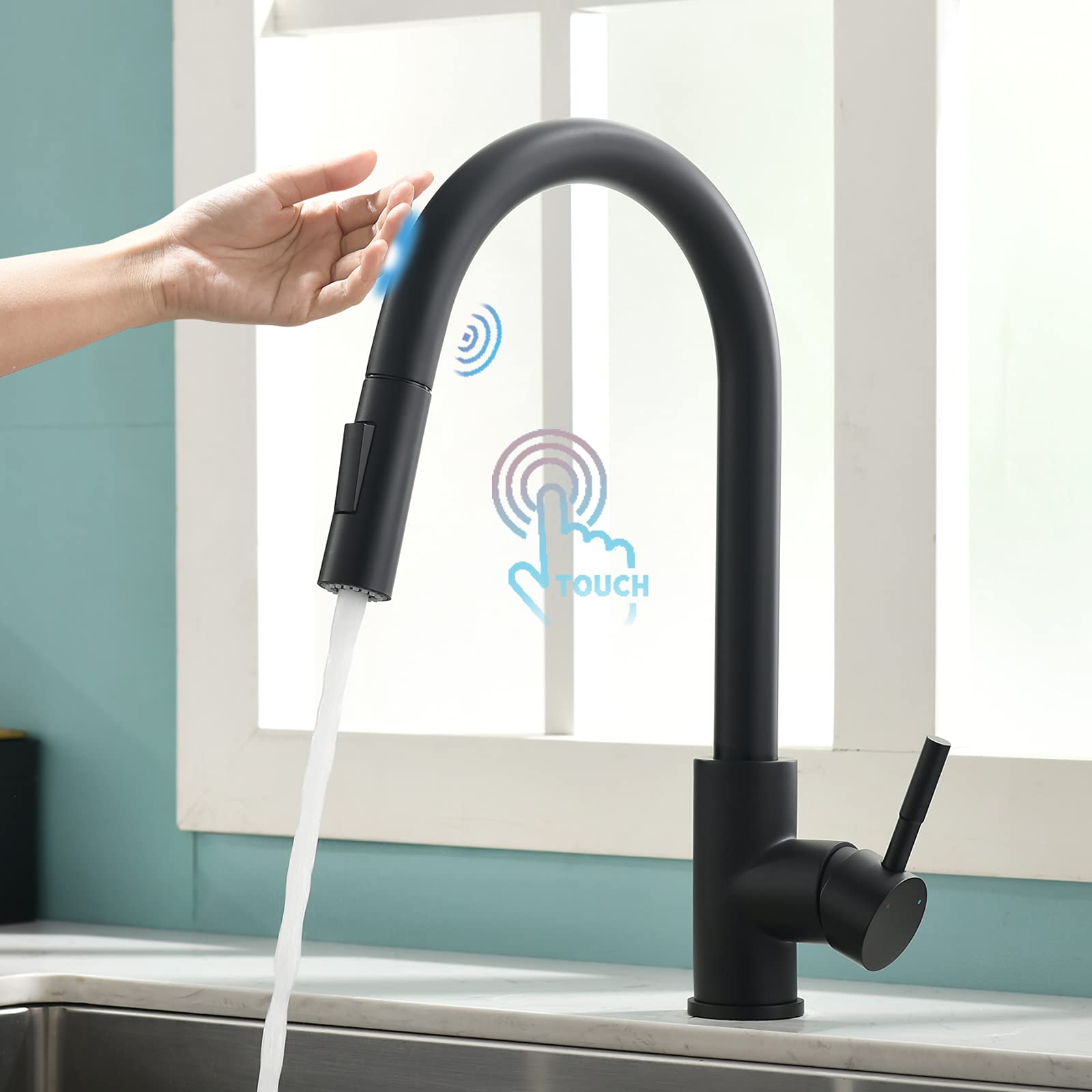 TIMACO Touch On Sensor Black Kitchen Tap with Pull-Out Shower 360° Swivelling Mixer Tap for Single Lever Kitchen Sink
