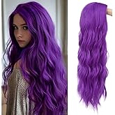 Siudus Purple Curly Long Wigs for Women Dark Purple Wavy Middle Part Hair Wig Heat Resistant Synthetic Fibre Wig for Cosplay Halloween Party Use