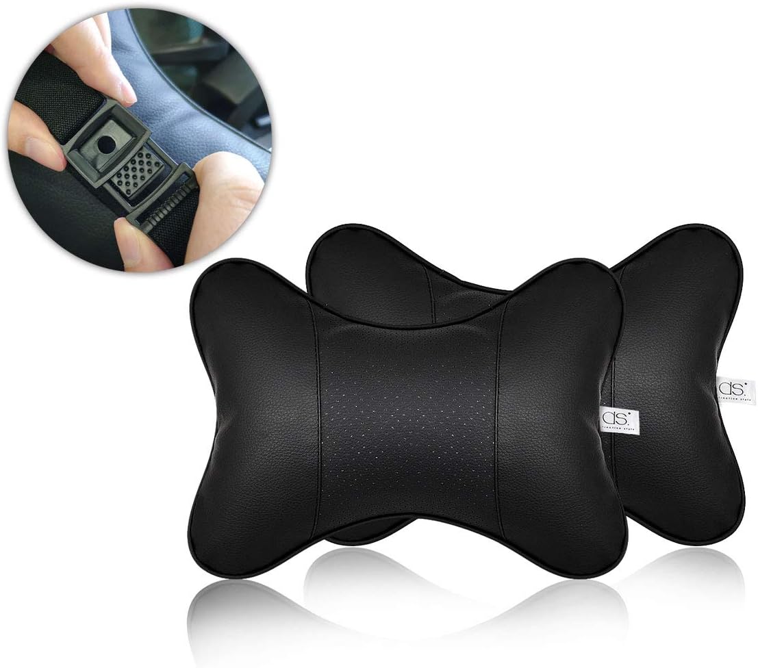ds. distinctive style Car Neck Pillow 2 Pieces PU Leather Travel Pillow for Head Rest with Buckle Neck Support for Car Seat - Black - Image 4