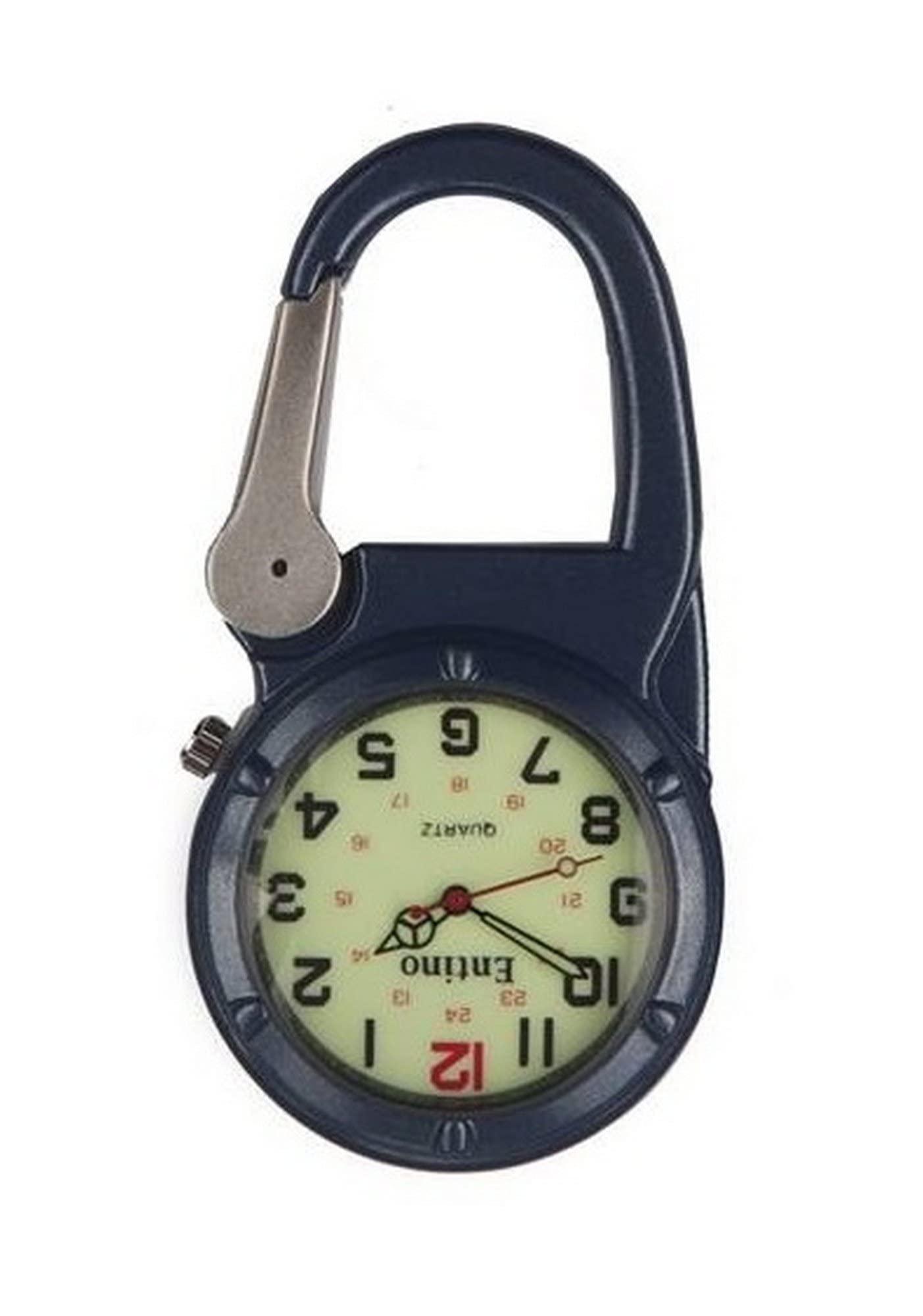 Entino Unisex Pocket FOB Watch Silver Clip on Blue Carabiner Luminous Face Sturdy Doctors Nurses Paramedics Analog Display Quartz Movement