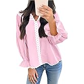 Cicy Bell Womens Ruffle Puff Sleeve Blouse V Neck Trim Shirts Trendy Casual Loose Fit Tops