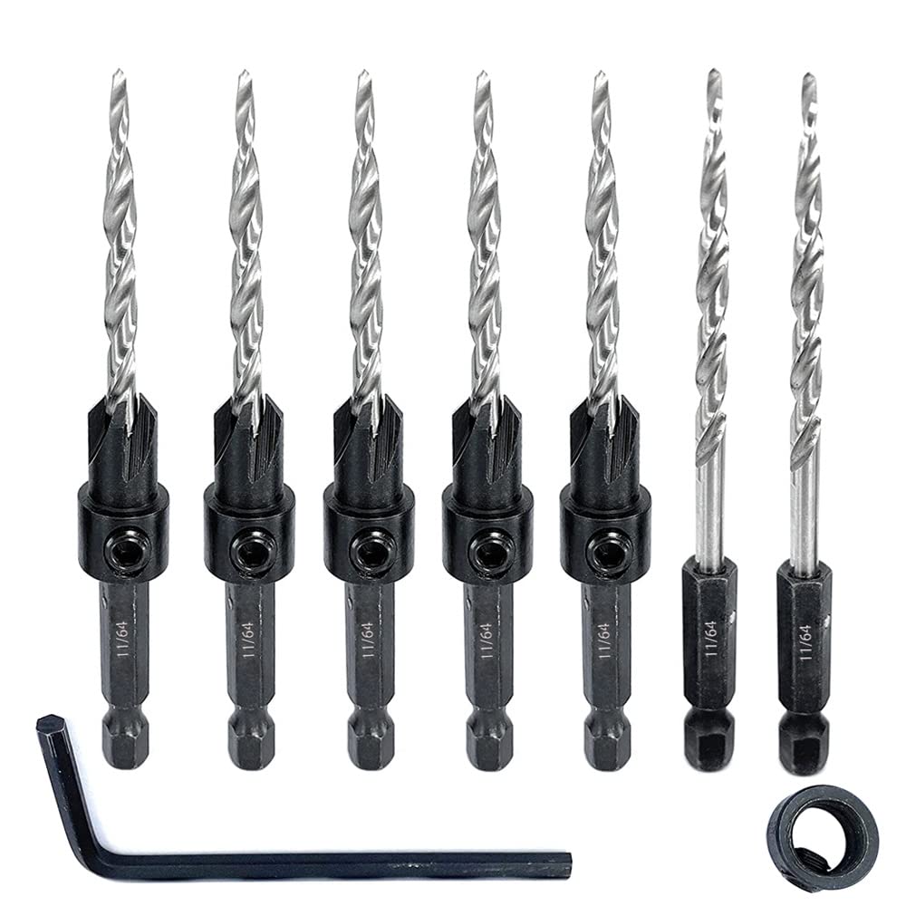 Saipor 5pcs Wood Countersink Drill Bit Set with 2pcs Counter Sinker Replacement Tapered Drill Bit All Same Size 11/64" Quick Change Hex Shank Screw Drill Counter Sink Bit for Drilling Pilot Hole