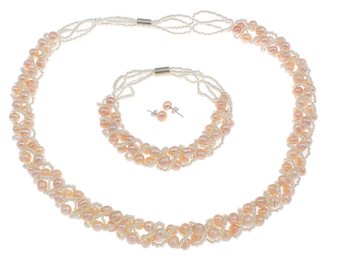 Treasure Bay Elegant Natural Freshwater Pearl Jewellery Set Necklace, Bracelet and earrings, Womens Pearl Tri-set (Pink)