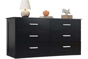 WLIVE Wood Dresser for Bedroom, Wide Chest of Drawers with 6 Drawer, Oak Furniture Large Storage Tower Unit, Closet Store Organizer for Living Room, Hallway, Long Nightstand, Modern Minimalist Black