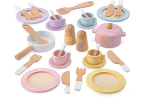 Frogprin 30 PCS Wooden Toy Plates and Dishes for Kids, Play Kitchen Accessories Set, Pretend Play Food Sets for Children Kitchen, Montessori Toys for Girls and Boys