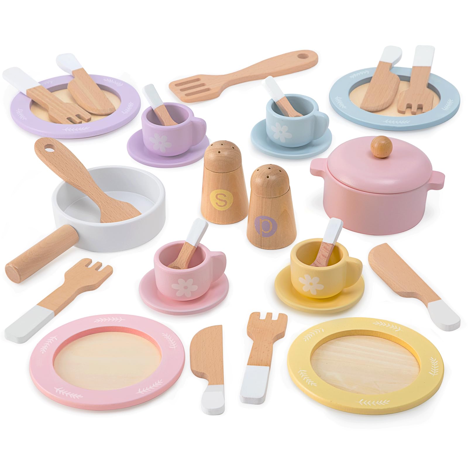 Photo 1 of Frogprin 30 PCS Wooden Toy Plates and Dishes for Kids, Play Kitchen Accessories Set, Pretend Play Food Sets for Children Kitchen, Montessori Toys for Girls and Boys