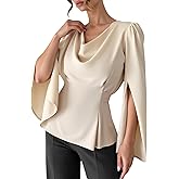 winkbay Women's Cowl Neck Satin Blouse Split Long Sleeve Peplum Tie Back Elegant Tops