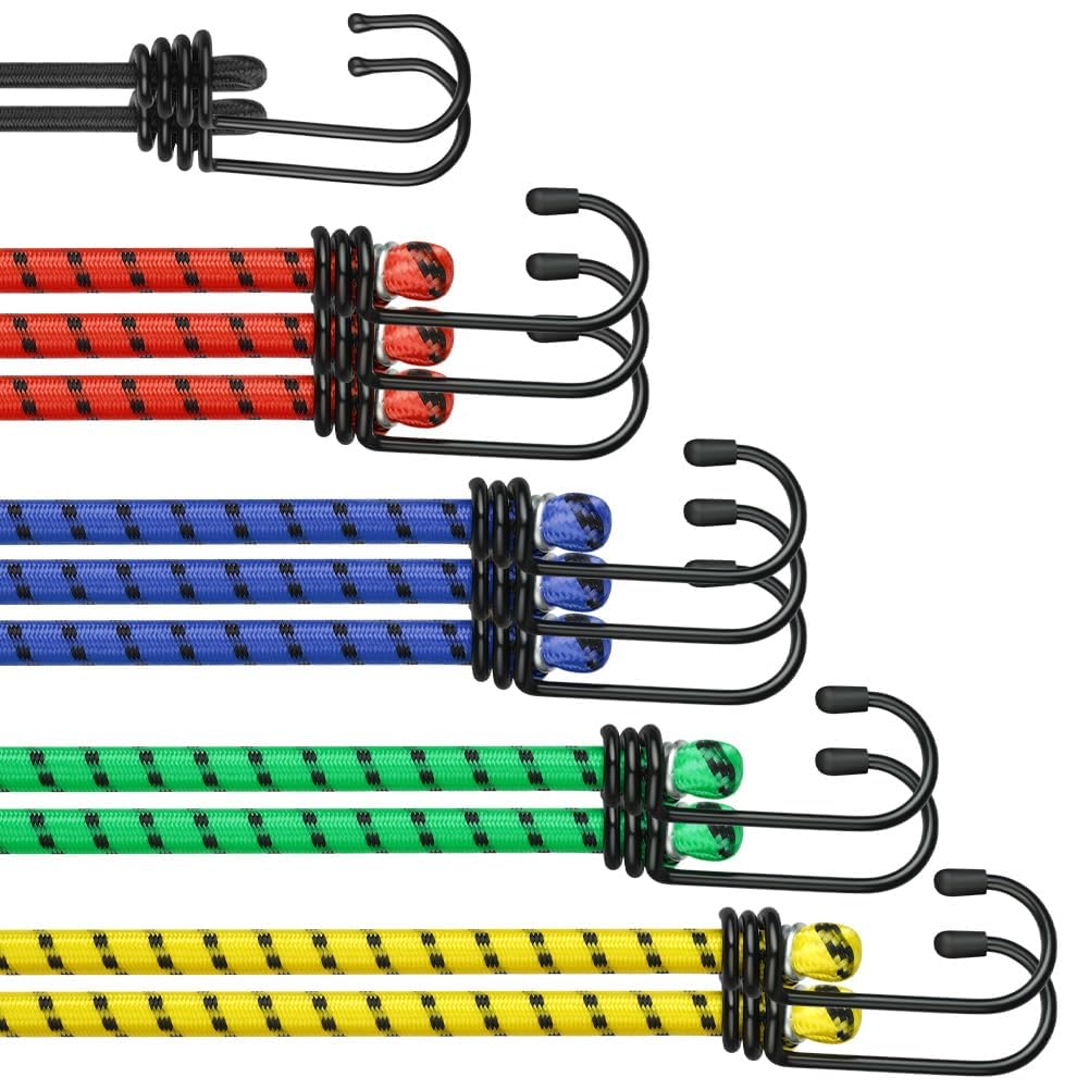 Adiwo Bungee Cords with Hooks, 12Pcs Heavy Duty Elastic Bungee Straps, Weatherproof & UV-Resistant, Mixed Sizes and Color, for Securing Luggage, Furniture Protection, Hand Truck, Camping, Motorcycle