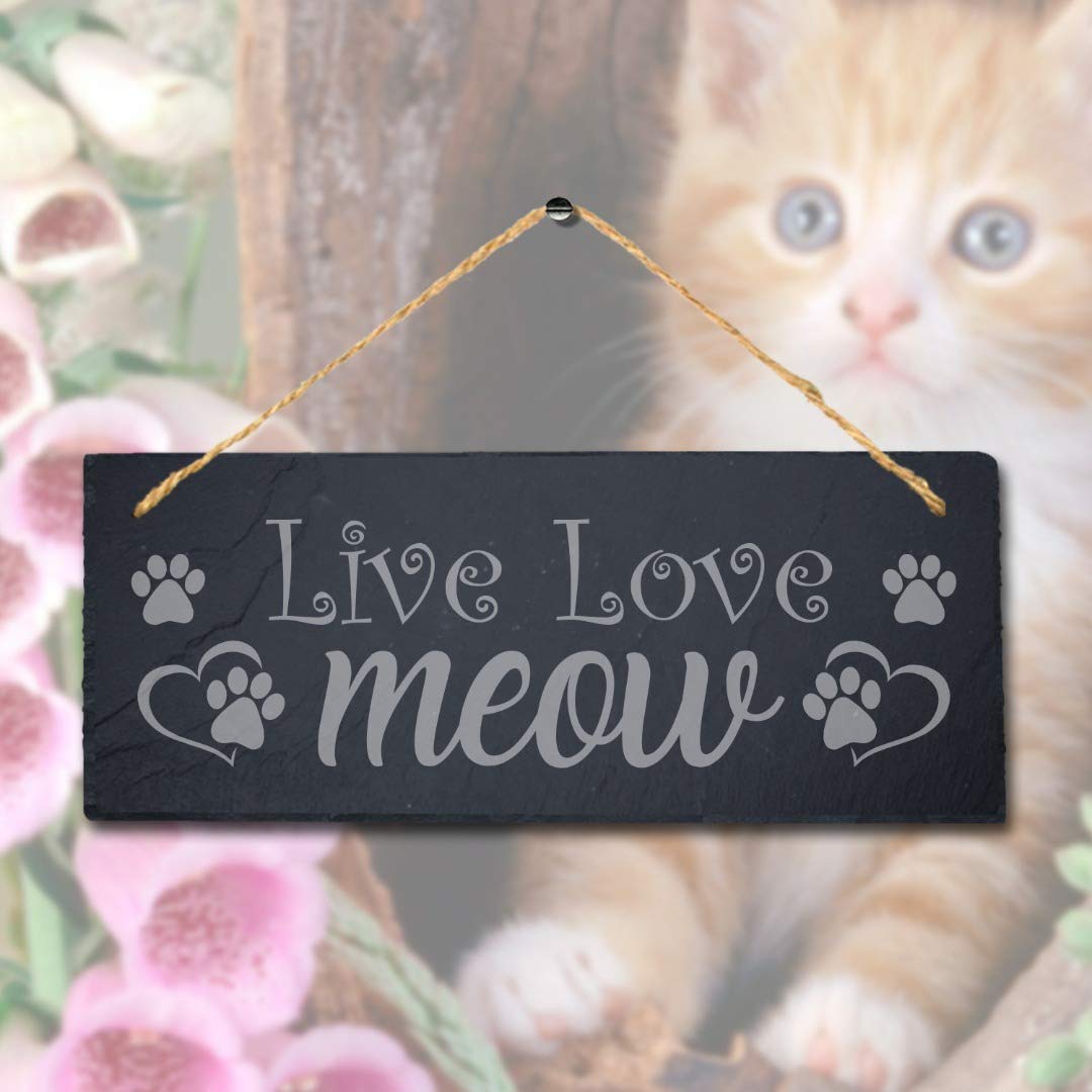 Stukk Cats Dogs Pet Funny Laser Hanging Kitten Pup Puppy Therapy Sign (Live Love Meow), Natural Engraved Slate Stone Plaque, 30x12cm (Large)