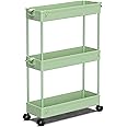SPACEKEEPER Slim Rolling Storage Cart, 3 Tier Bathroom Organizer Utility Cart Laundry Room Organization Mobile Shelving Unit for Kitchen, Bathroom, Office, Bedroom, Narrow Places, Green