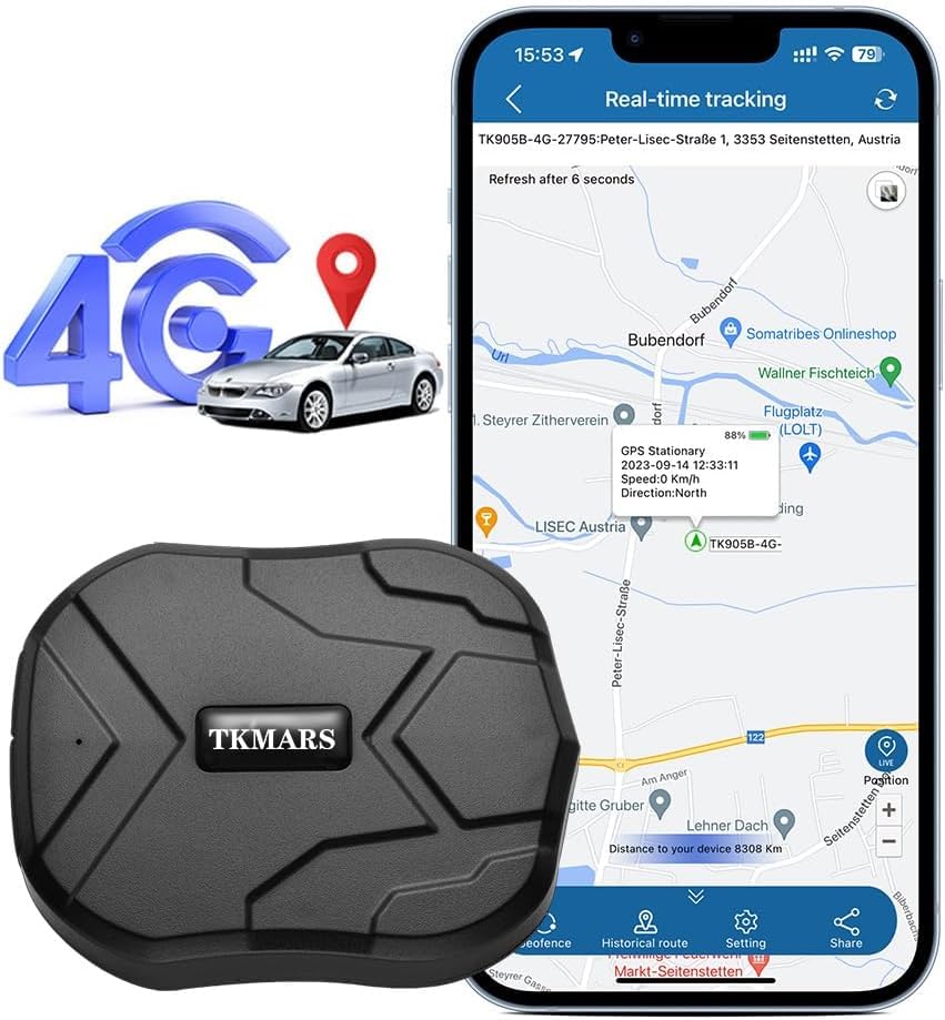 TKMARS GPS Tracker,Magnetic Car GPS Tracker 90 Days Standby, No Monthly Fee,4G Global Real-time Tracking without Distance Limit 5 Seconds to Update the Position,with Free APP, without Subscription