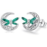 Twoowl Celtic Moon Earrings 925 Sterling Silver Dragonfly Stud Earrings Irish Celtic Jewelry Gifts for Women