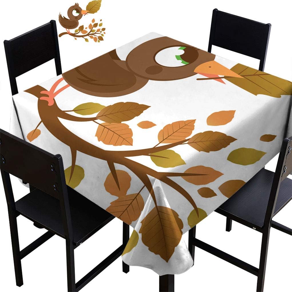 Birds Decor Square Spillproof Fabric Tablecloth, Cute Bird in Autumn on