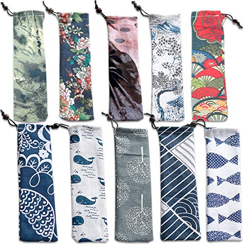 10 Pack Straw Carrying Case,CKANDAY Travel Cutlery Pouch Cloth Bag for Stainless Steel Glass Drinking Metal Straw Knife Fork Spoon Bamboo Chopsticks Cleaning Brush - 10 Colors / 9.84 x 2.36in