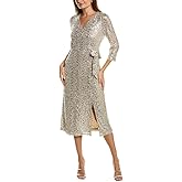 Anne Klein Womens Long Sleeve Faux Wrap Sequin Midi Dress