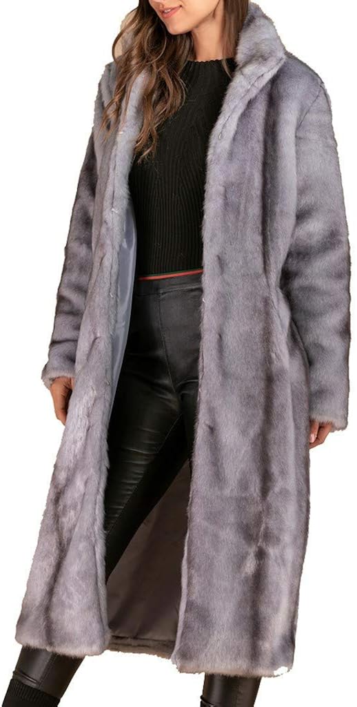 YIMOLL Women's Long Faux Fur Coat with Fluffy Fur Collar Solid Colour